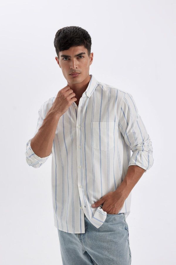 DEFACTO DEFACTO Regular Fit Polo Collar Striped Oxford Long Sleeve Shirt