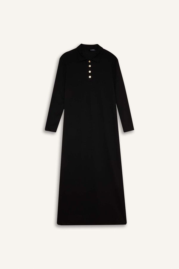 DEFACTO DEFACTO Regular Fit Shirt Collar Basic Plain Long Sleeve Pique Maxi Dress E1417ax24wn