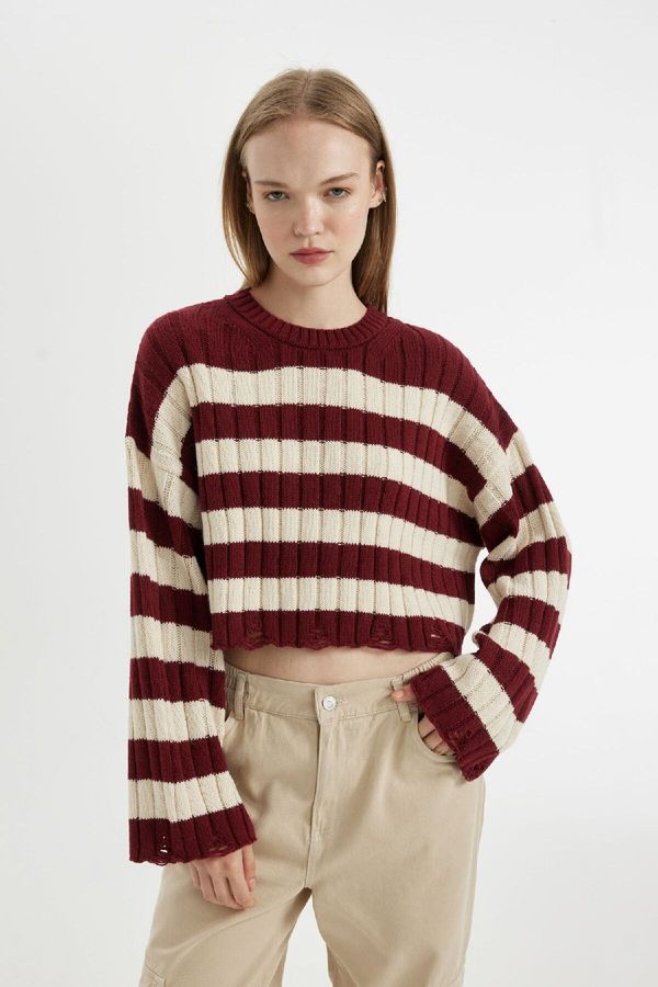 DEFACTO DEFACTO Regular Fit Striped Crew Neck Crop Knitwear Sweater