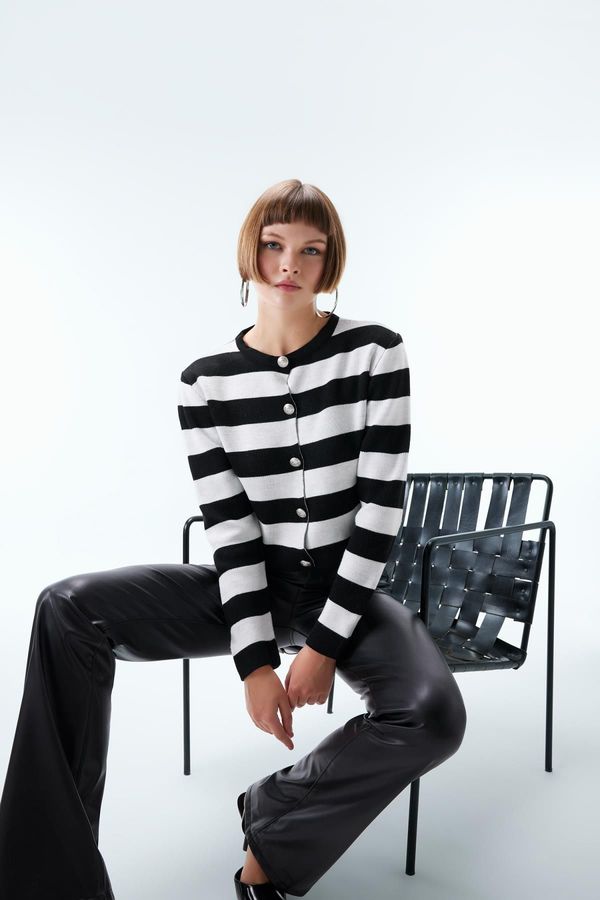 DEFACTO DEFACTO Regular Fit Striped Crew Neck Pique Cardigan