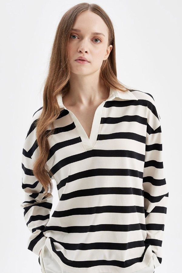 DEFACTO DEFACTO Regular Fit Striped Polo Neck Hem Detailed Long Sleeve T-Shirt Tunic