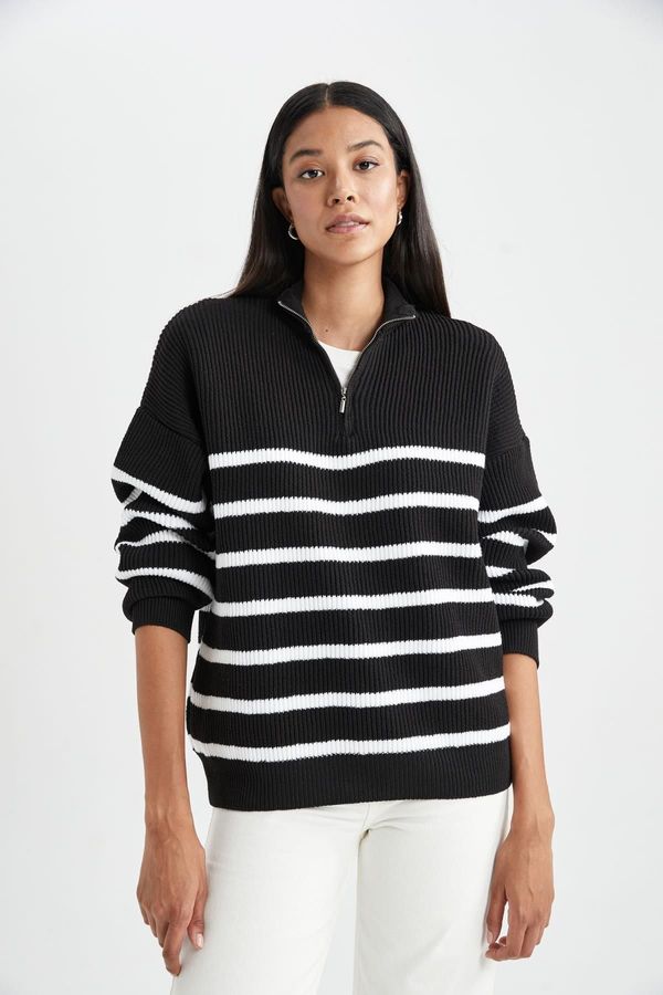 DEFACTO DEFACTO Regular Fit Striped Zippered Stand Collar Thessaloniki Fabric Sweater