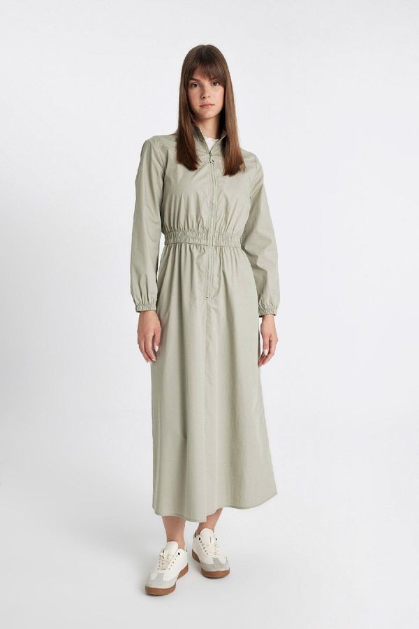 DEFACTO DEFACTO Regular Fit Zipper Collar Long Sleeve Poplin Maxi Dress