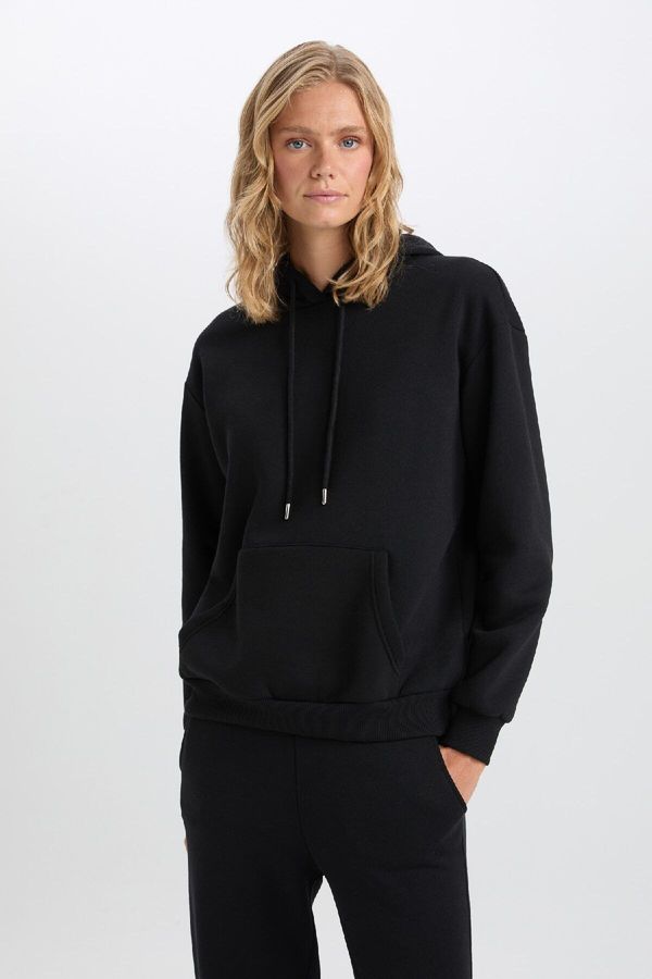 DEFACTO DEFACTO Relax Fit Hooded Kangaroo Pocket Thick Casual Basic Plain Black Sweatshirt