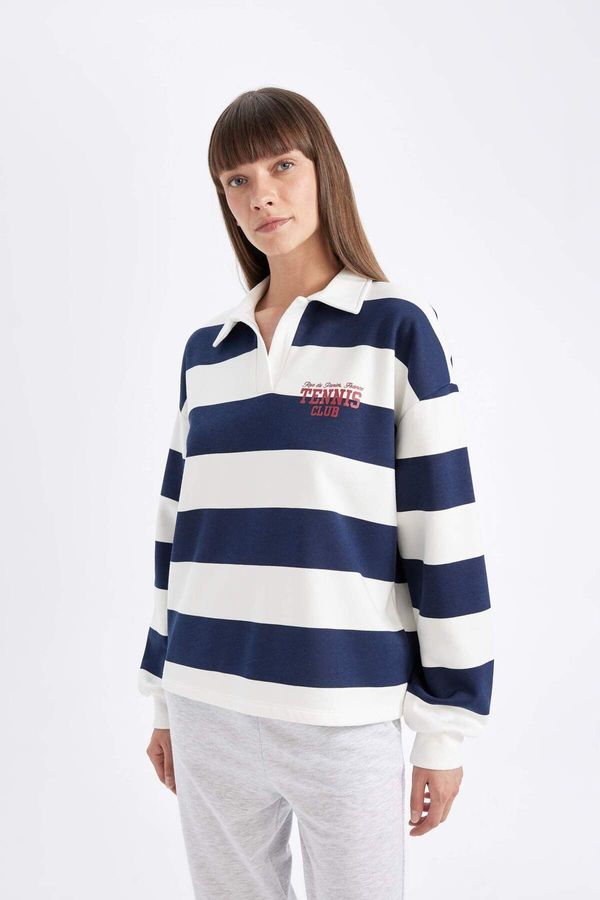 DEFACTO DEFACTO Relax Fit Polo Collar Printed Striped Thick Fabric Sweatshirt