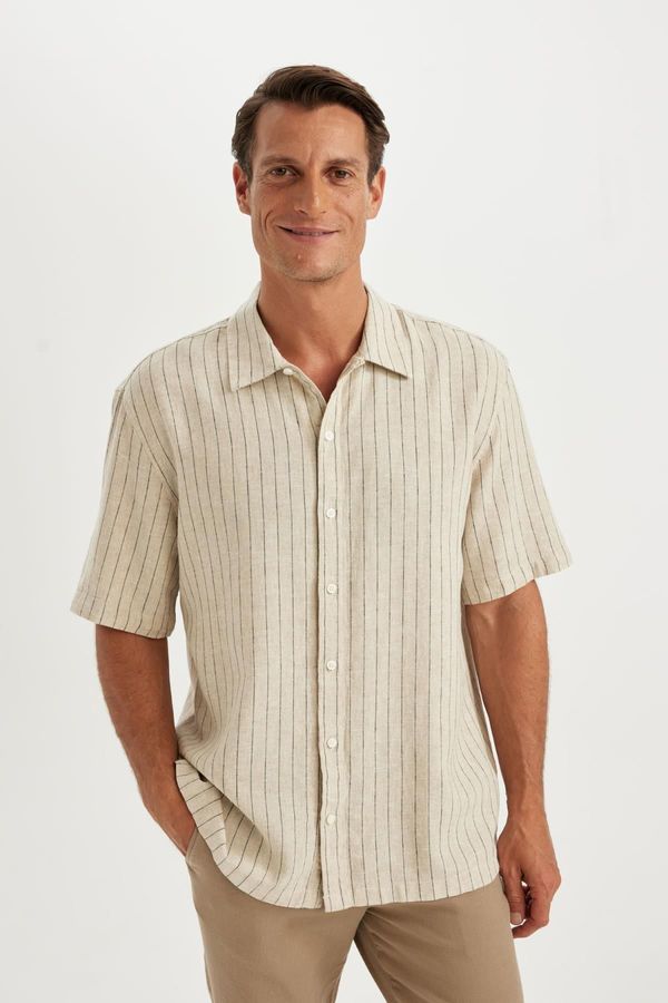 DEFACTO DEFACTO Relax Fit Polo Collar Striped Linen Short Sleeve Shirt