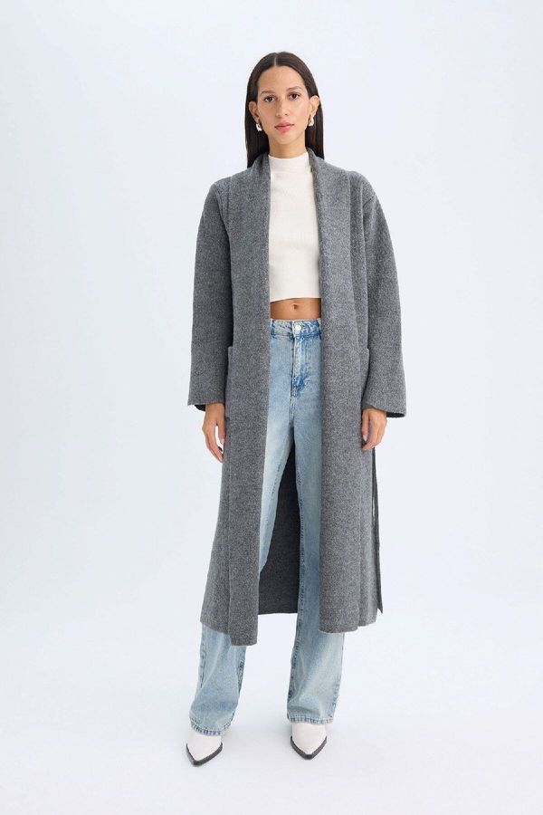 DEFACTO DEFACTO Relax Fit Shawl Collar Basic Plain Belted Long Knitwear Cardigan