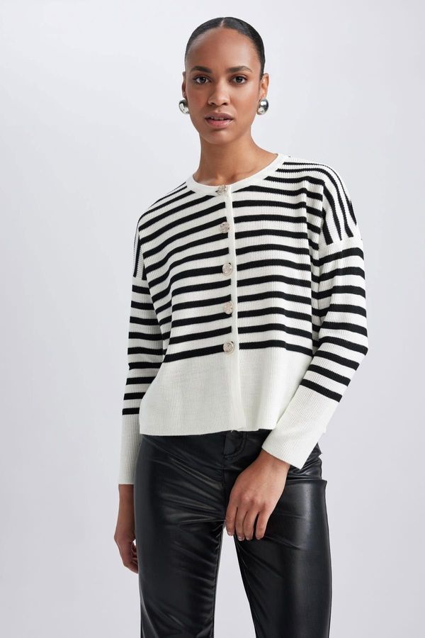 DEFACTO DEFACTO Relax Fit Striped Crew Neck Thessaloniki Fabric Cardigan