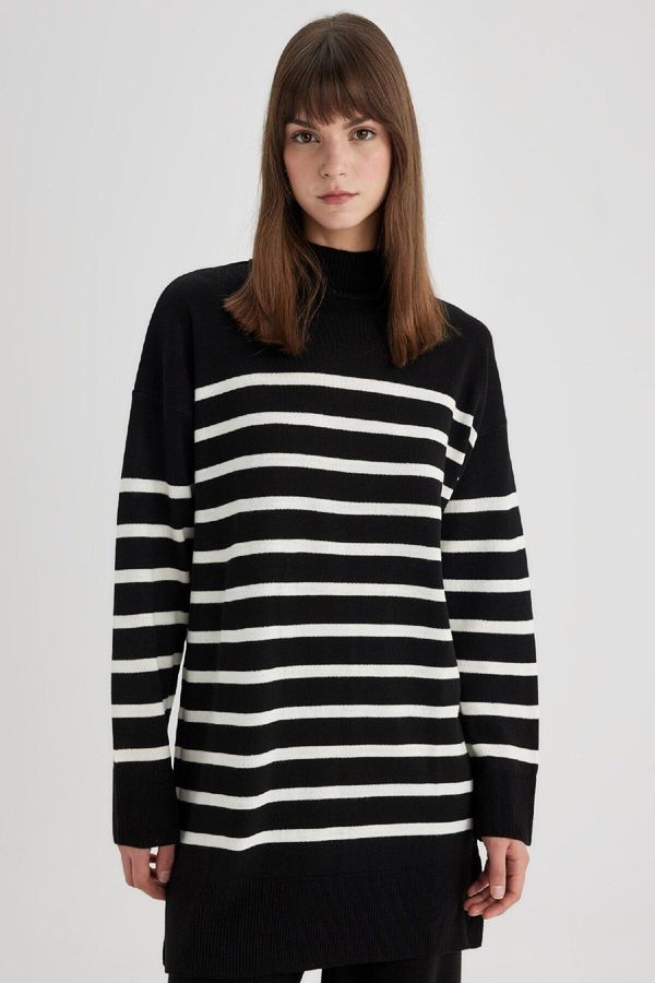 DEFACTO DEFACTO Relax Fit Striped Turtleneck Slit Knitwear Sweater Tunic