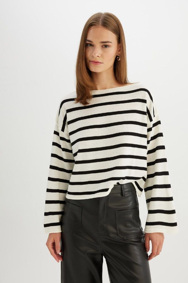 DEFACTO DEFACTO Relaxed Cut Boat Neck Striped Knit Sweater