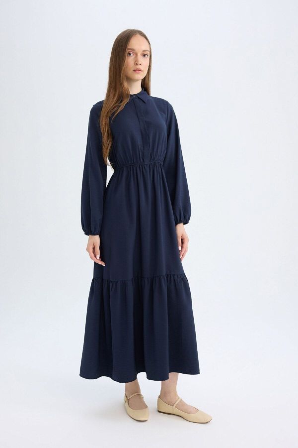 DEFACTO DEFACTO Shirt Collar Basic Plain Buttoned Waist Gathered Long Sleeve Maxi Navy Blue Dress