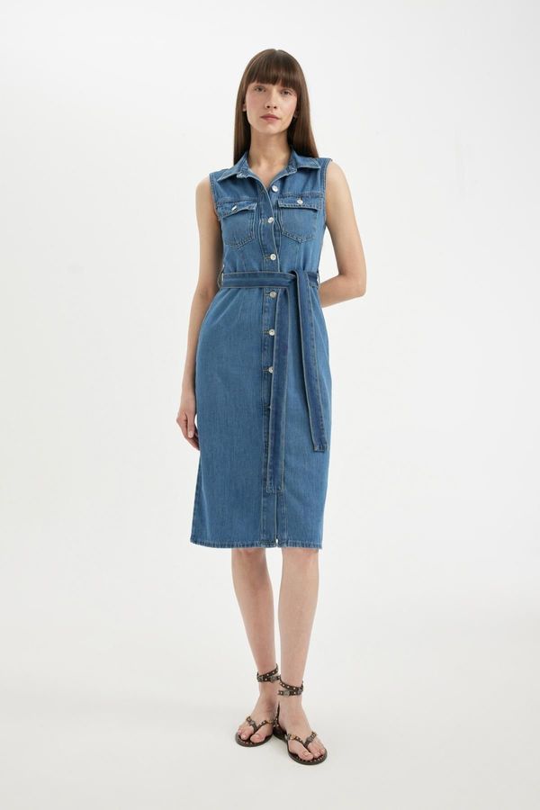 DEFACTO DEFACTO Shirt Collar Sleeveless Belted Jean Midi Dress