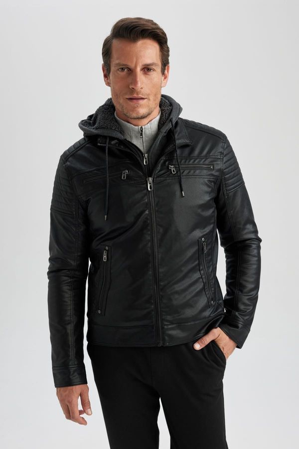 DEFACTO DEFACTO Slim Fit Hooded Plush Lining Jacket Faux Leather Coat