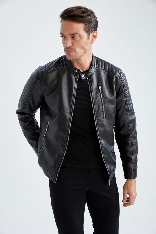 DEFACTO DEFACTO Slim Fit Leather Waterproof Faux Leather Jacket