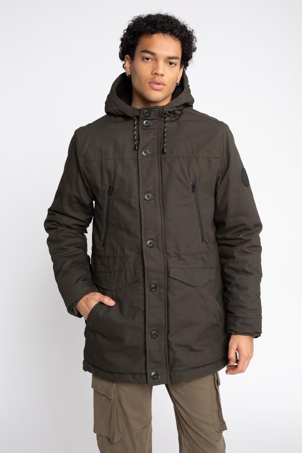 DEFACTO DEFACTO Slim Fit Slim Cut Hooded Plush Lining Zippered Snap Closure Pocket Coat Parka