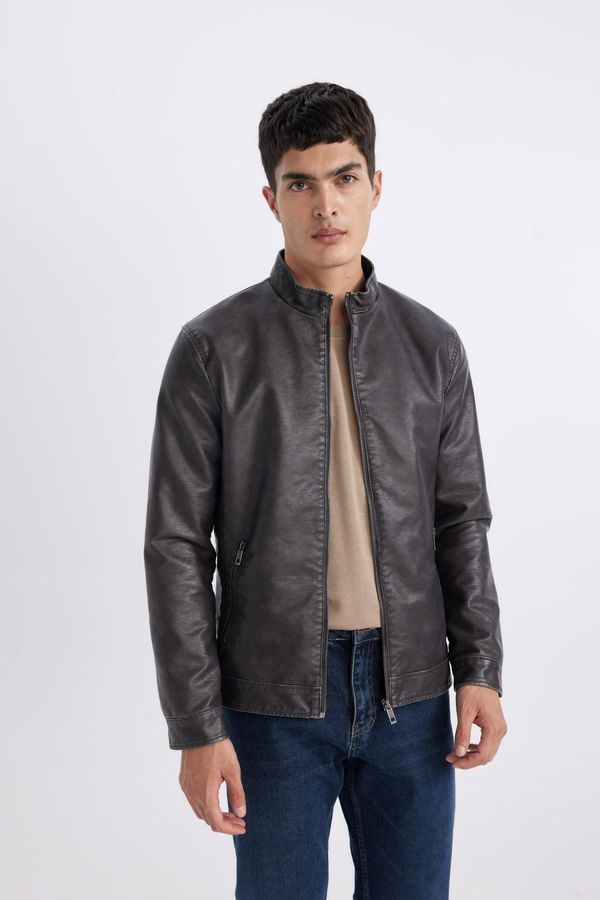 DEFACTO DEFACTO Slim Fit Stand Collar Jacket Faux Leather Coat