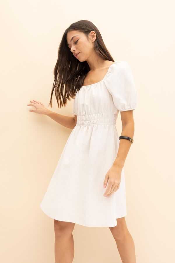 DEFACTO DEFACTO Square Neck Linen Mini Short Sleeve Dress