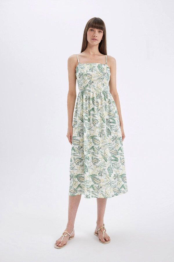 DEFACTO DEFACTO Square Neck Patterned Cotton Strappy Midi Dress