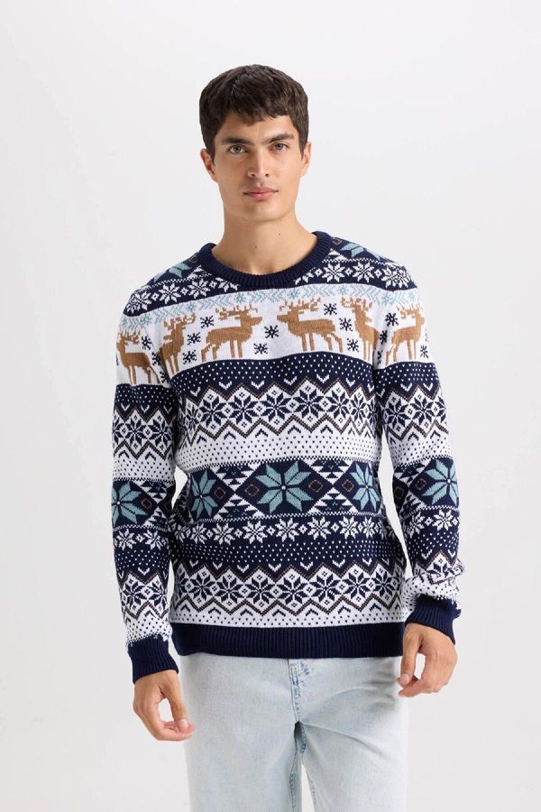 DEFACTO DEFACTO Standard Fit Crew Neck Christmas Themed Knitted Sweater