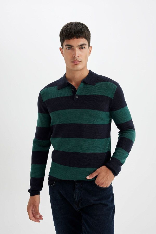 DEFACTO DEFACTO Standard Fit Polo Collar Striped Knitwear Sweater