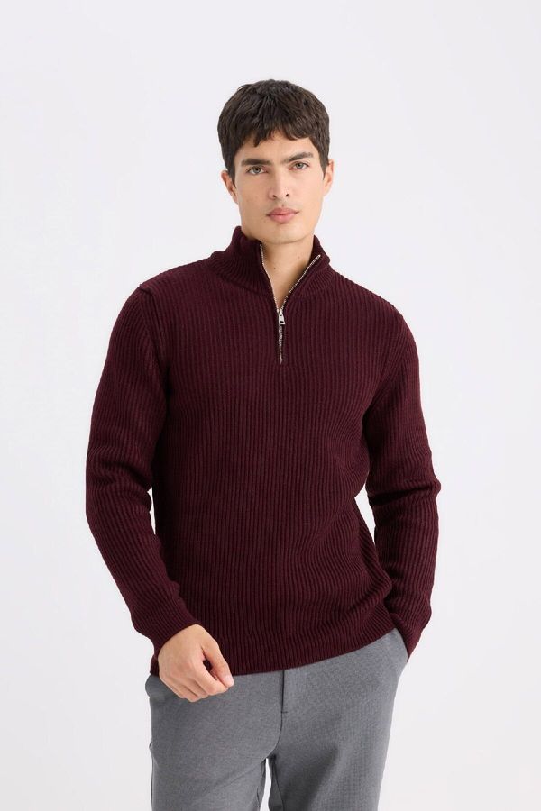 DEFACTO DEFACTO Standard Fit Regular Cut Bato Collar Zippered Basic Plain Knitwear Sweater