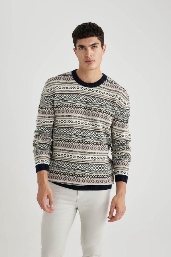 DEFACTO DEFACTO Standard Fit Regular Cut Crew Neck Jacquard Patterned Knitwear Sweater