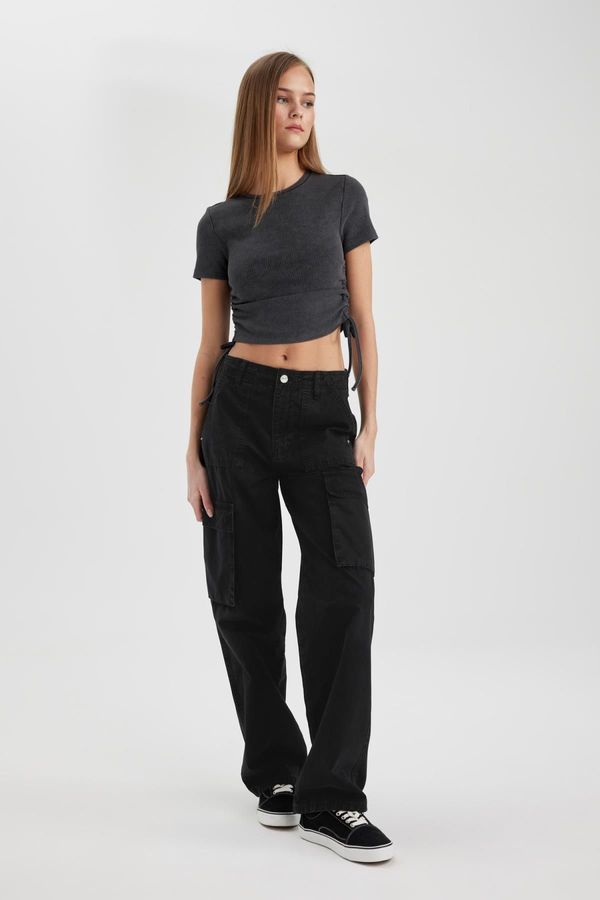 DEFACTO DEFACTO Straight Fit Cargo Pocket High Waist Standard Length Gabardine Trousers