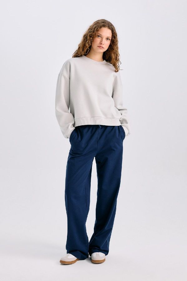 DEFACTO DEFACTO Straight Fit Elastic Waist Tied Basic Plain Wide Leg Long Length Sweatpants