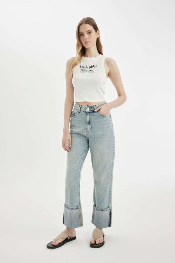 DEFACTO DEFACTO Straight Fit High Waist Folded Leg Ankle Length Jean Washed Trousers