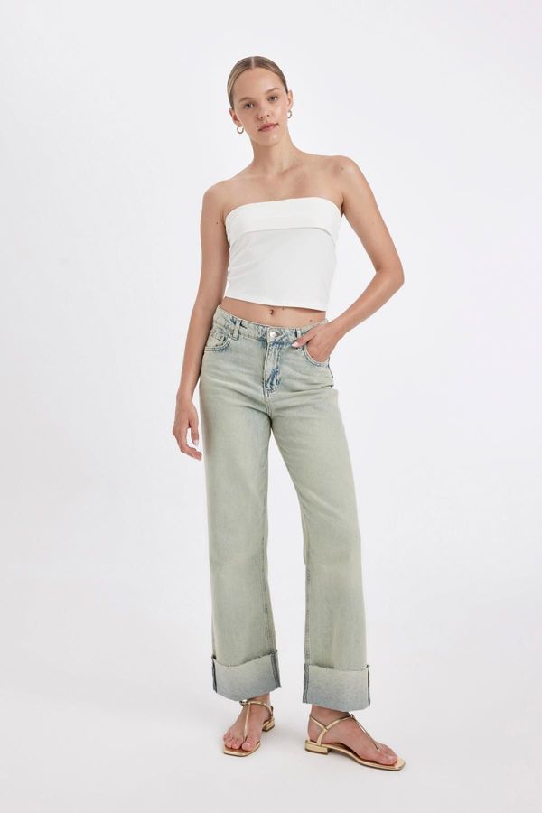 DEFACTO DEFACTO Straight Fit High Waist Folded Leg Ankle Length Jean Washed Trousers