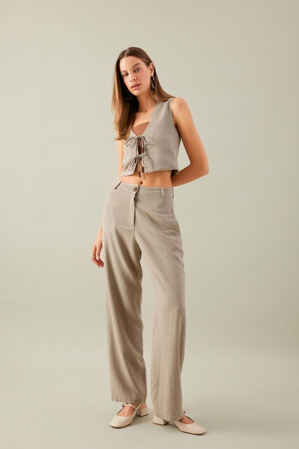 DEFACTO DEFACTO Straight Fit Pocket High Waist Wide Leg Long Linen Blend Trousers