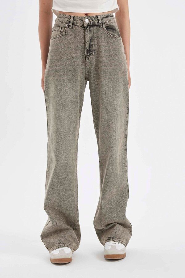 DEFACTO DEFACTO Straight Wide High Waist Long Jean Washed Trousers