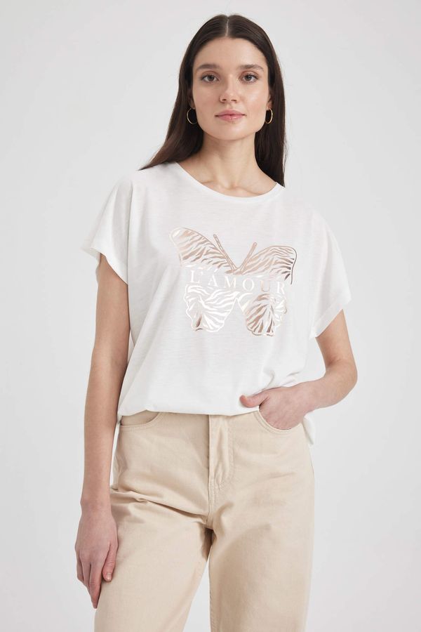 DEFACTO DEFACTO Traditional Crew Neck Butterfly Pattern Short Sleeve T-Shirt