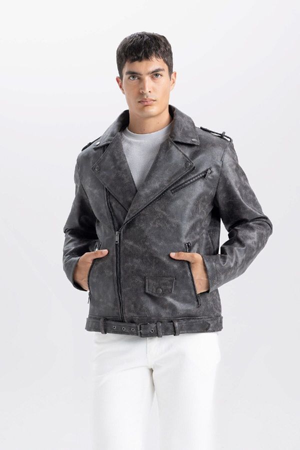 DEFACTO DEFACTO Water Repellent Faux Leather Coat Jacket Seasonal with Zipper Pockets