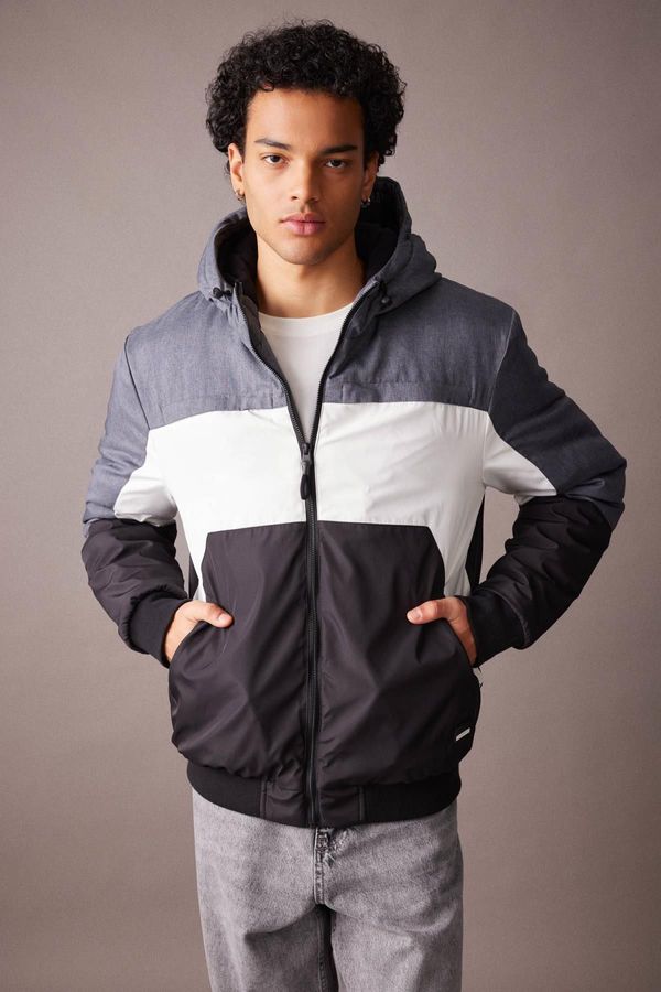 DEFACTO DEFACTO Water Repellent Jacket Slim Fit Slim Cut Hooded Fleece Lined Zippered