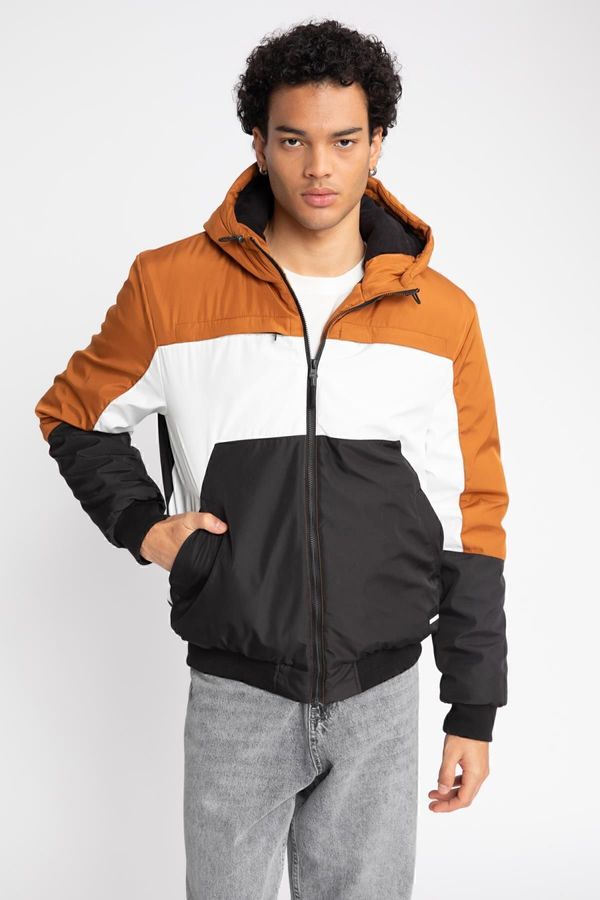 DEFACTO DEFACTO Water Repellent Slim Fit Color Block Hooded Fleece Lined Zippered Pocket Jacket