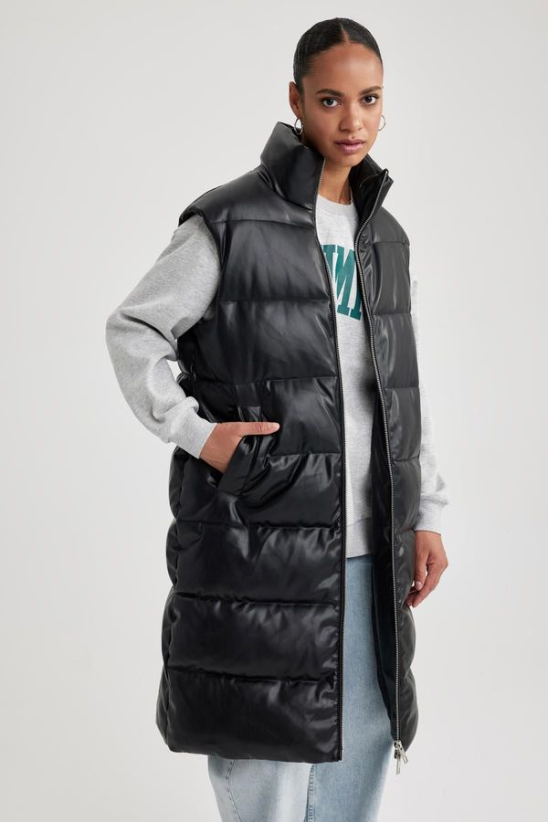 DEFACTO DEFACTO Waterproof Relax Fit Faux Leather Long Puffer Vest