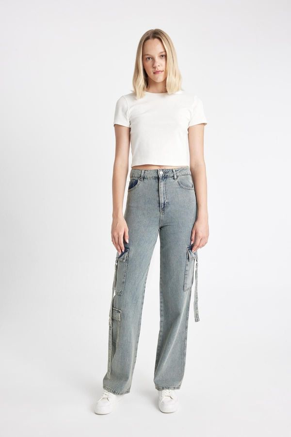 DEFACTO DEFACTO Wide Leg Cargo High Waist Long Soft Jean Washed Trousers