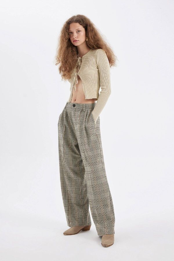 DEFACTO DEFACTO Wide Leg Plaid Double Pocket High Waist Standard Length Trousers