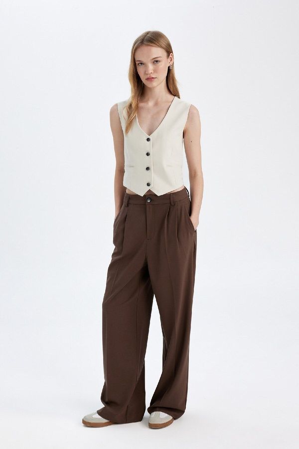 DEFACTO DEFACTO Wide Leg Wide Leg Fleece Pocket High Waist Standard Length Basic Plain Classic Trousers