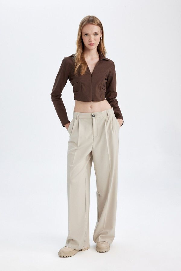 DEFACTO DEFACTO Wide Leg Wide Leg Fleece Pocket High Waist Standard Length Basic Plain Classic Trousers