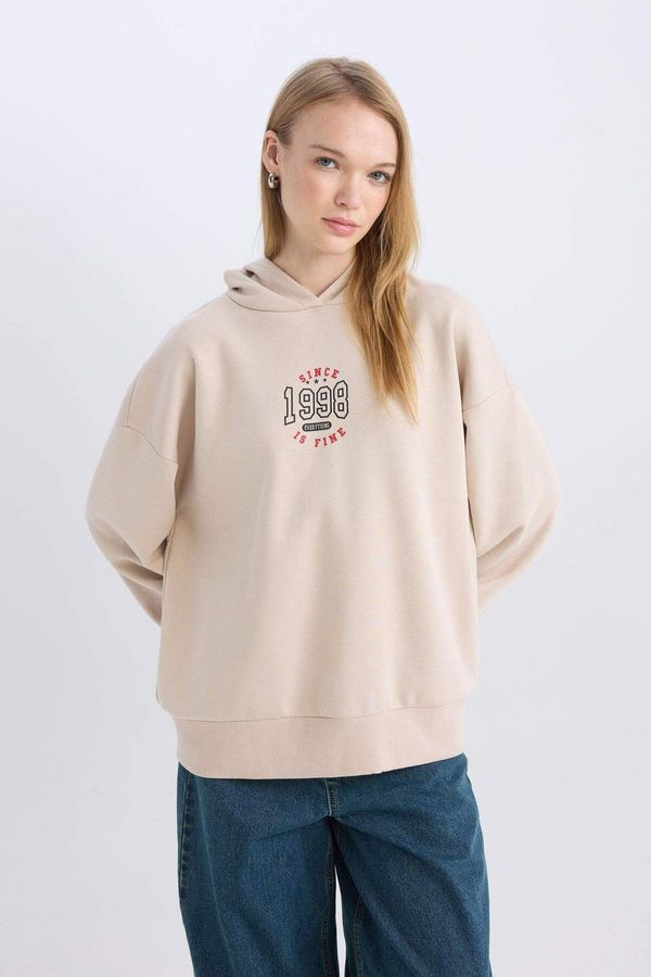 DEFACTO DEFACTO Women's Beige Cool Loose Fit Printed Hooded Sweatshirt