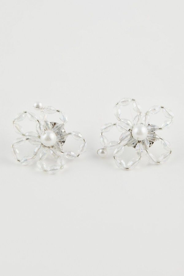 DEFACTO DEFACTO Women's Flower Patterned Pearl Silver Earrings