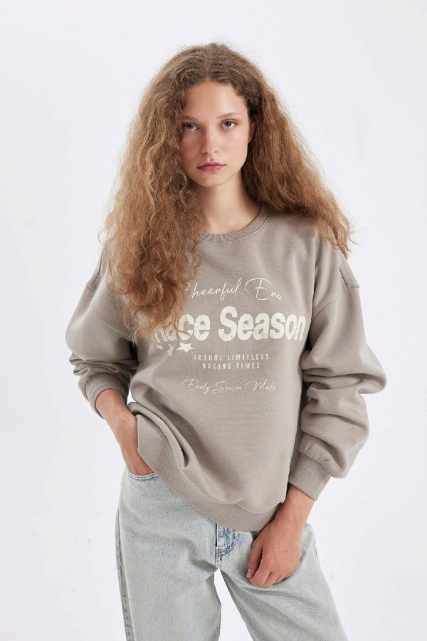 DEFACTO DEFACTO Women's Loose Fit Crew Neck Printed Thick Sweatshirt