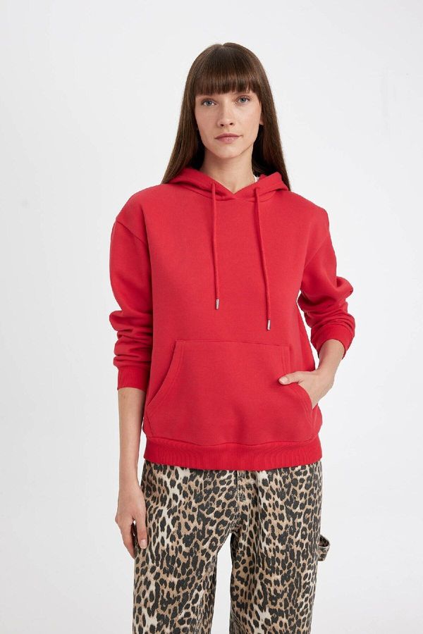 DEFACTO DEFACTO Women's Red Relax Fit Hooded Kangaroo Pocket Thick Basic Plain Sweatshirt