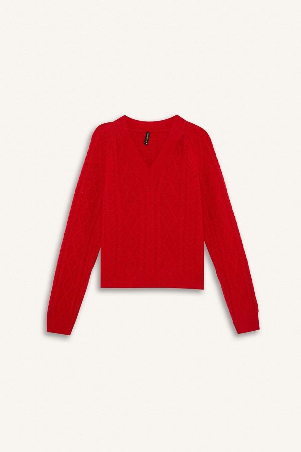 DEFACTO DEFACTO Women's Relax Fit V Neck Hair Knitted Sweater Red Sweater