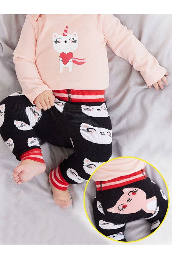 Denokids Denokids Cat Baby Girl Black Knitted Tights-pants