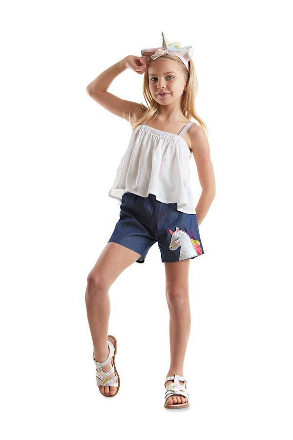 Denokids Denokids Colorful Tassel Unicorn Girl's Summer Blouse Denim Shorts Set