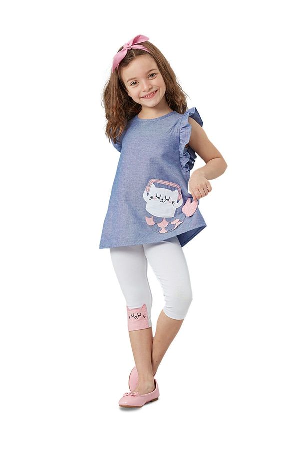 Denokids Denokids Frilly Cat Girl's Blue White Summer T-shirt Tunic Tights Set