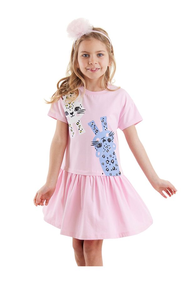 Denokids Denokids Girl's Pink Summer Combed Cotton Dress with Leopard Skirt Gathered